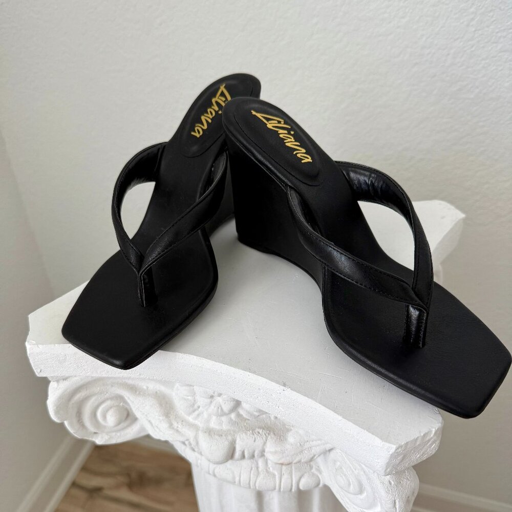 Liliana Gilda-3 Black Slip-On Wedge Heels | Faux Leather Round Toe | Size 7.5